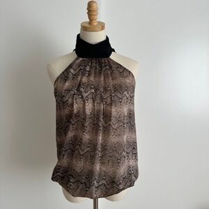 Snakeskin Halter Top Size Small  Black Trim Button Closure Sleeveless Blouse